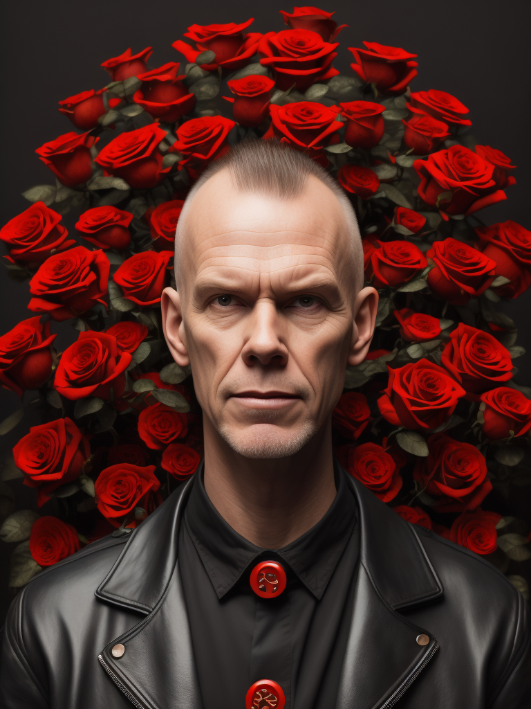 Lumenor AI Image Generation - vince clarke con rosas rojas botones de