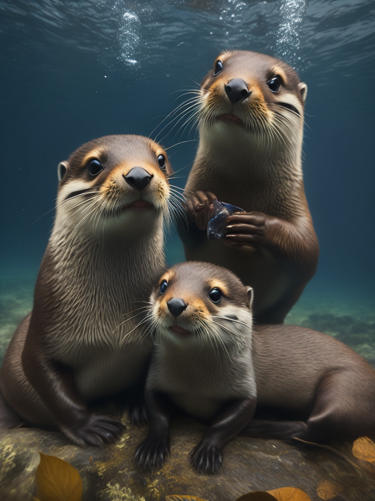Premium Free ai Images | family of otters eating fish underwater