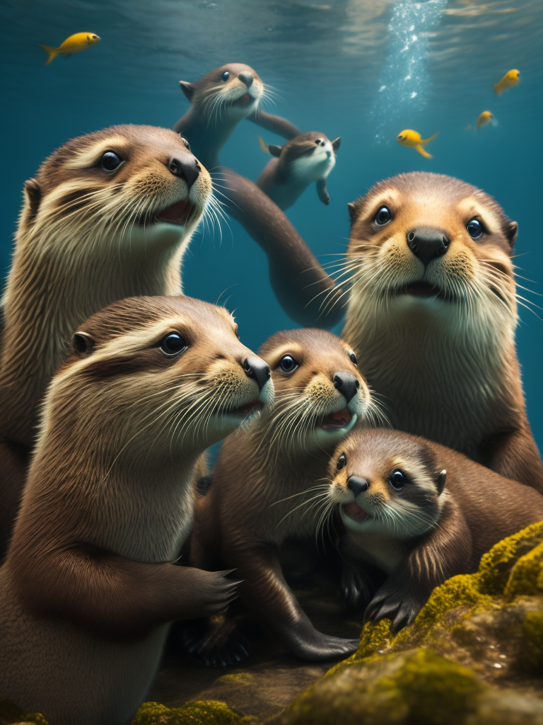 Premium Free ai Images | family of otters eating fish underwater