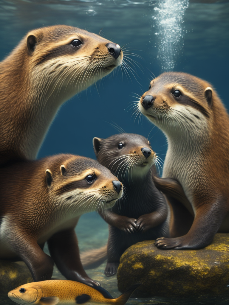 Premium Free ai Images | family of otters eating fish underwater