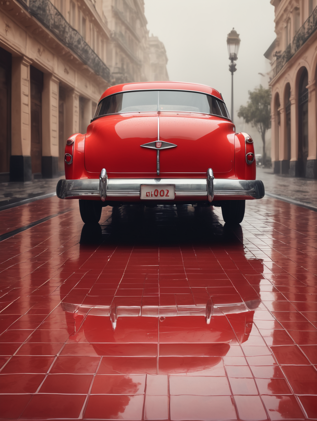 Premium Free ai Images | in the style of vintage red car wet watered ...