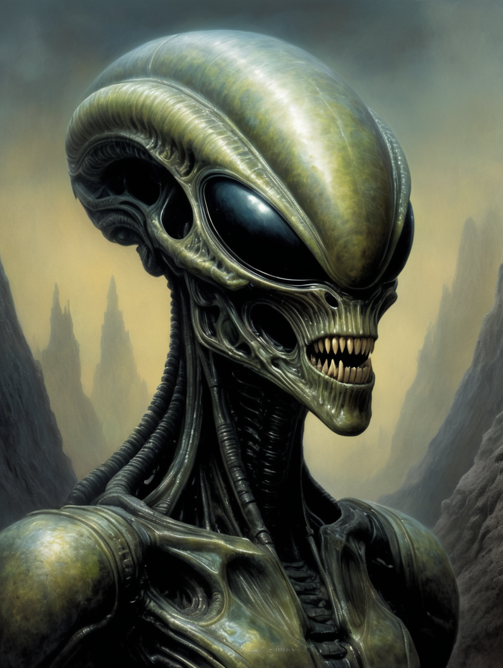 A stylized grey alien with large eyes stands on an alien landscape under a  green and purple aurora, holding a glowing knife. on Craiyon, image size:1024x1360