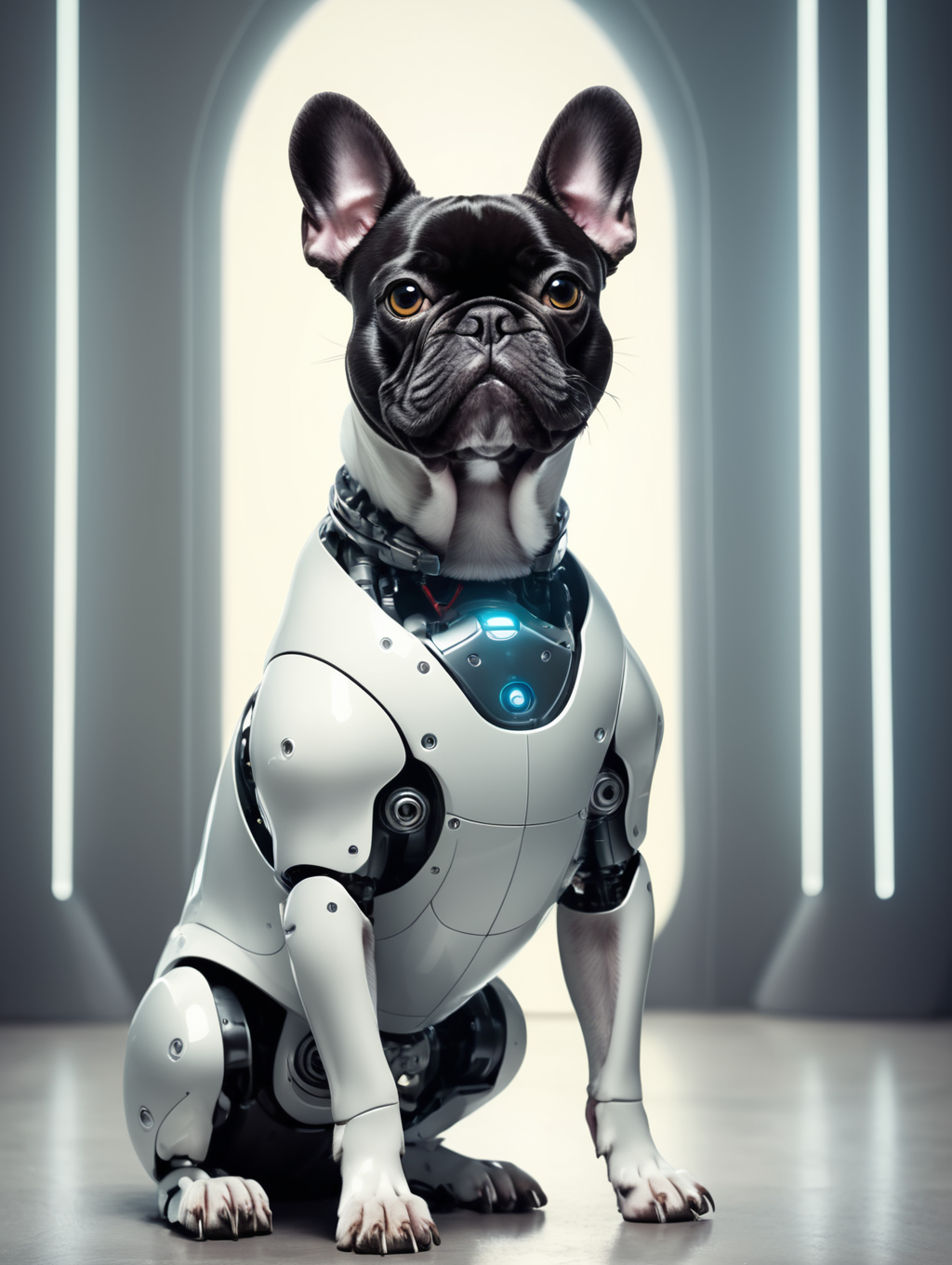 Premium Free ai Images | french bulldog sitting down with robot legs with  futuristic background